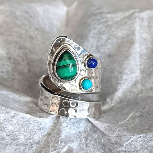 Malachite, Turquoise & Lapis .925 Silver, Adjustable Ring - Picture 1 of 6